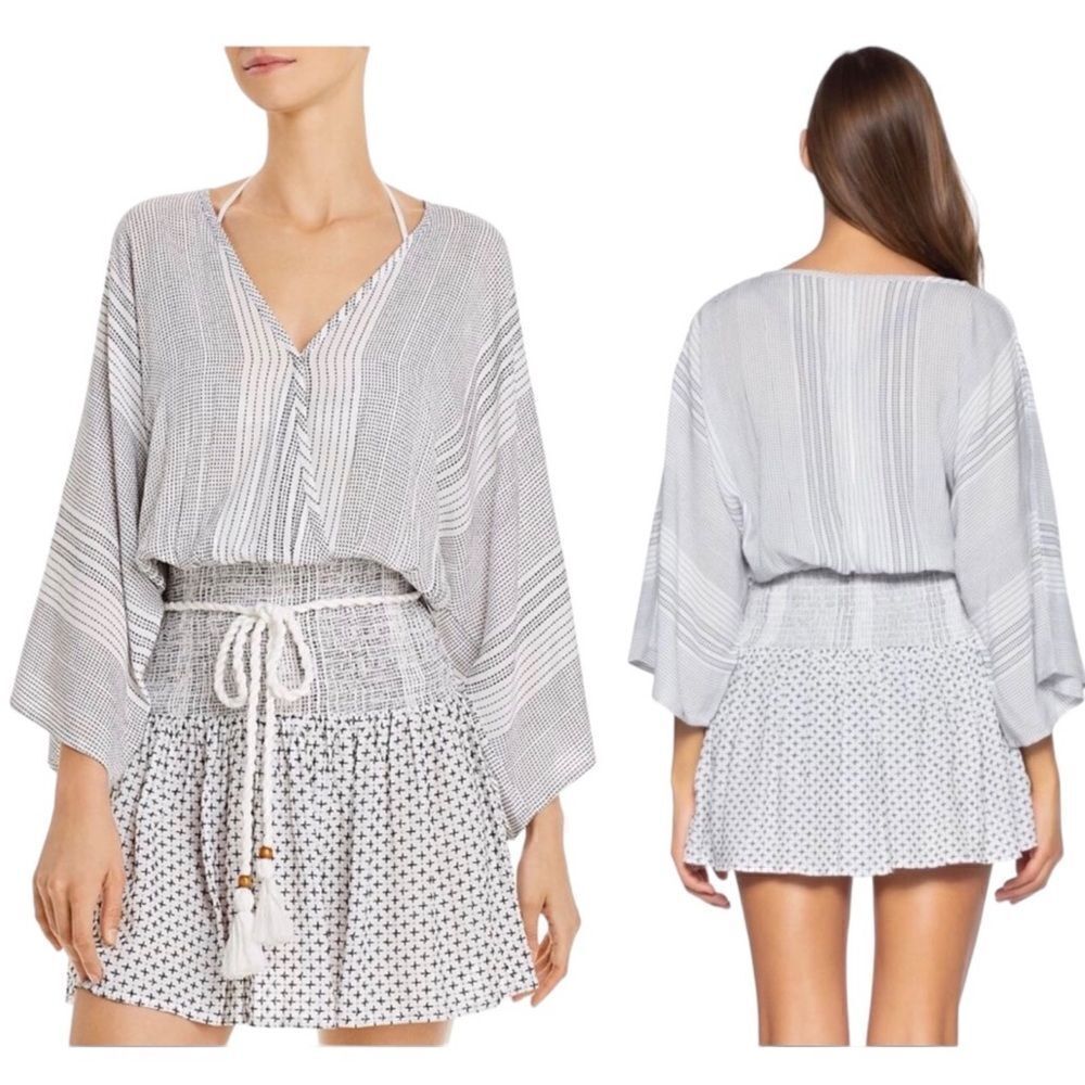 SOLUNA Sundance White Black Smocked Waist Dress Tunic Swim Cover Up Sz M